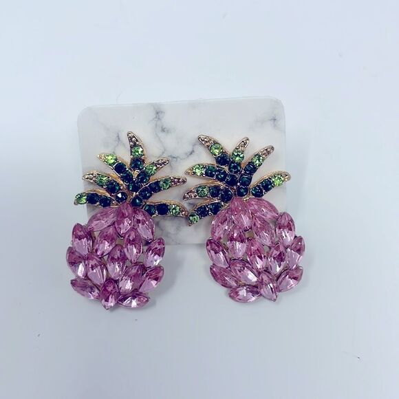 Pink Crystal Gem Pinaepple Studs Post Earrings - Picture 7 of 7